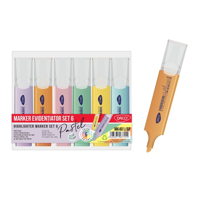 Marker evidentiator, pastel, set 6 culori, DACO